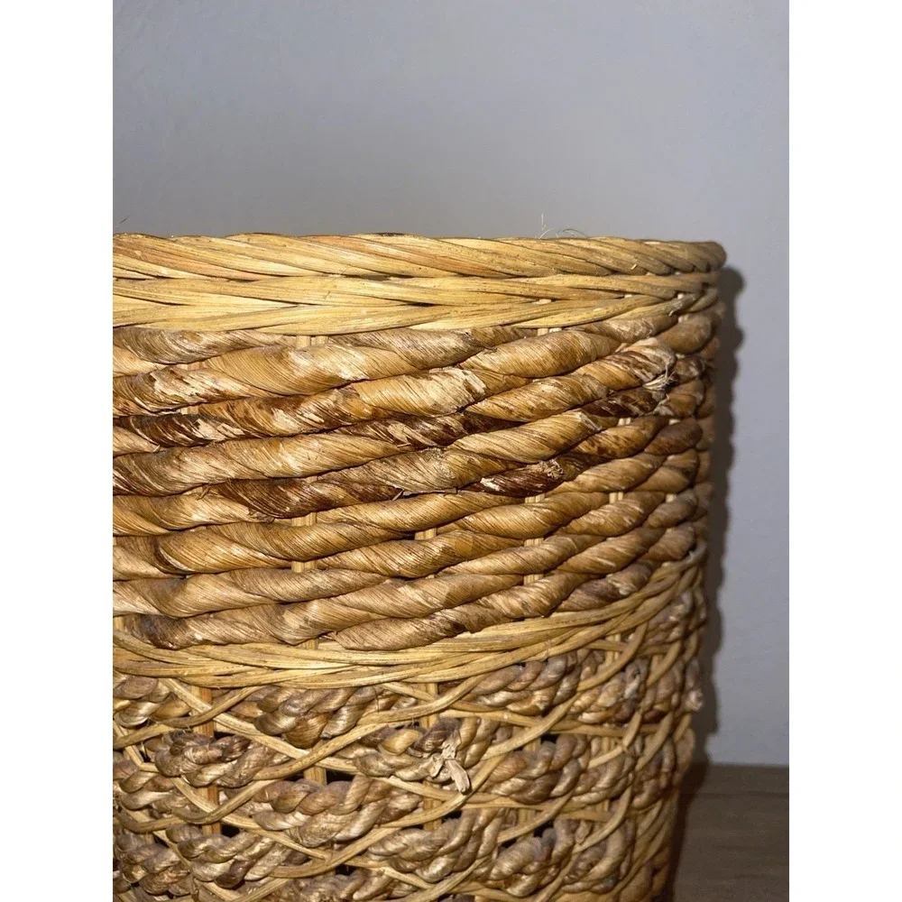 Vintage Hand Woven Wicker Seagrass Waste Basket Trash Can
